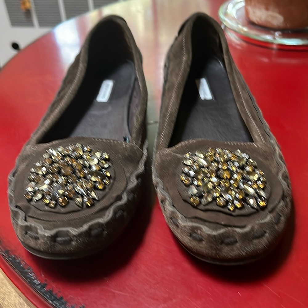 Size 9 1/2 embellished flat dark gray green